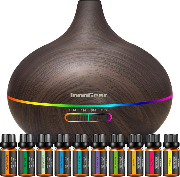 Innogear Aromatherapy Diffuser & 10 Essential Oils Set, 400Ml Diffuser Ultrasonic Diffuser Cool Mist Humidifier with 4 Timers 7 Colors Light