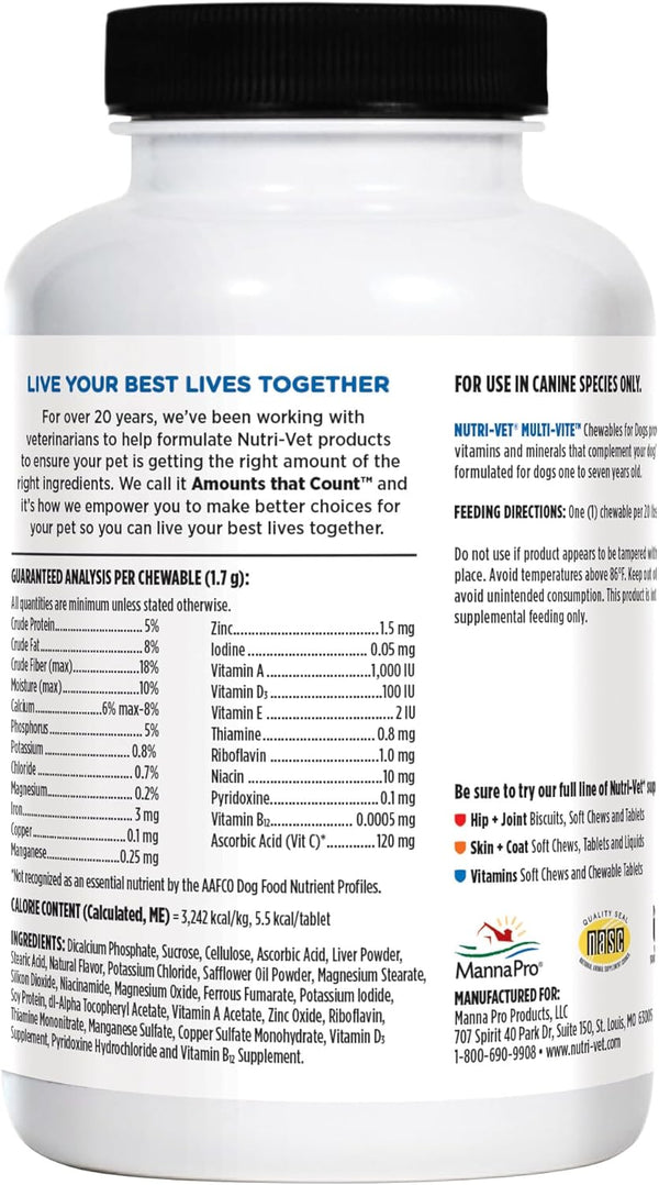 Nutri-Vet Multi-Vite Chewables for Adult Dogs, Daily Multivitamin & Mineral Supplement for Overall Health, Immune Support, and Balanced Nutrition,
