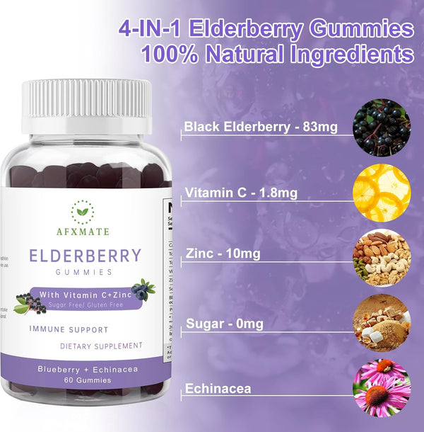 AFXMATE Sambucus Elderberry Gummies, Black Elderberry Gummy with Zinc and Vitamin C for Adults, Sugar Free Kids Multivitamin Gummies Immune