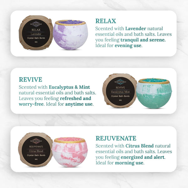 Crystal Bath Bombs (6 Pack) Luxurious Aromatherapy Bath Bombs Enriched with Nourishing Bath Salts for Silky Smooth Skin & Pleasantly Scented for
