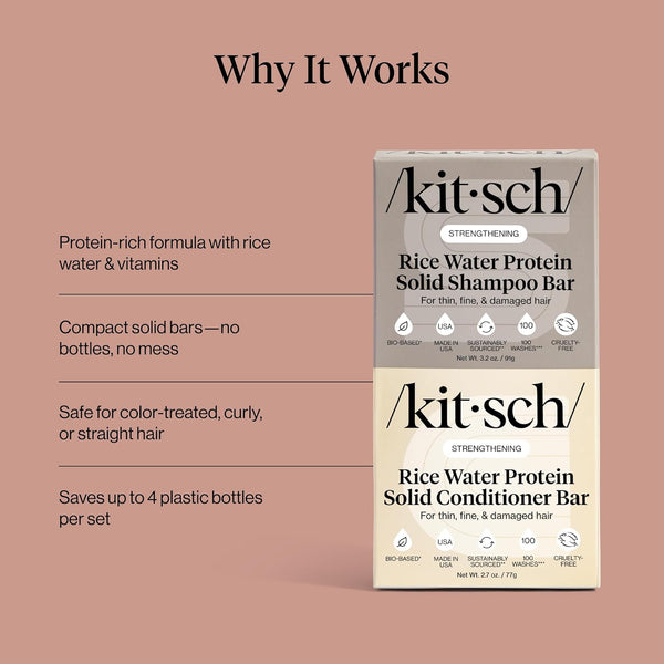 Kitsch Rice Water Shampoo & Conditioner Set - Solid Rice Water Shampoo & Conditioner Bar Soap for Hair Care, Strengthening & Nourishing Soap Bar,