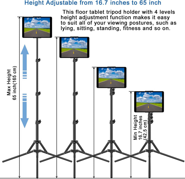 Ipad Tripod Stand, with 65 Inch Height Adjustable Ipad Stand Holder & Ipad Floor Stand with 360Â° Rotating Ipad Tripod Mount for Ipad Pro, Iphone,