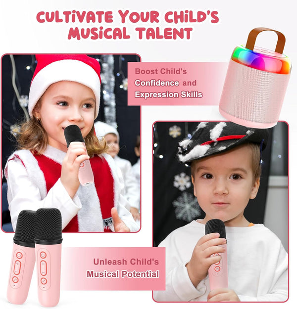 Mini Karaoke Machine for Kids Portable Bluetooth 5.3 Speaker Led Lights with 2 Wireless Microphones Karaoke Gifts for Girls Boys Audlt Birthday