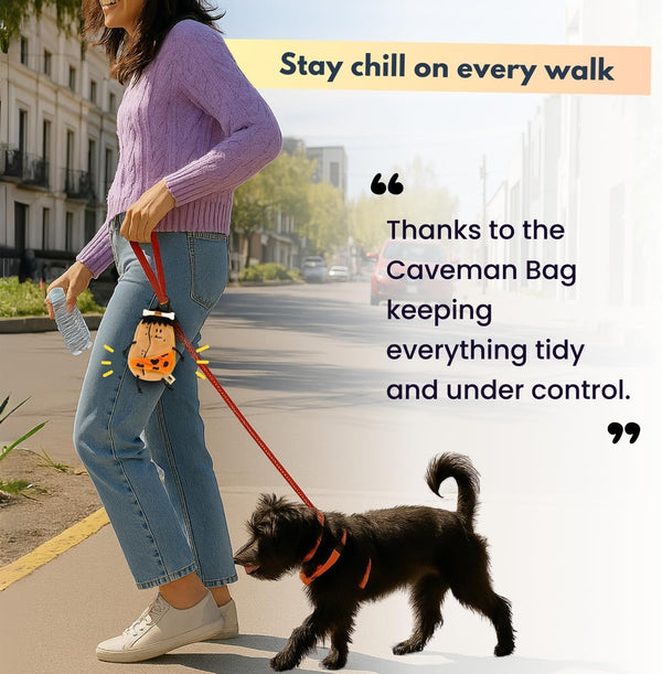 Dog Poop Bag Holder for Leash with Waste Bags and Keychain Clip, Easy Refill, Unscented, Doggy Walking Accessory, 1 Caveman Dispenser and 15 Count