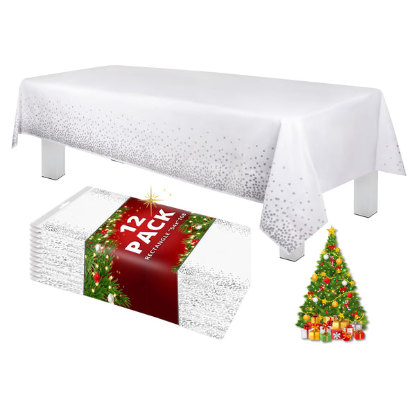 Grandipity Grey Dot on White 12 Pack Premium Disposable Plastic Tablecloth 54 Inch X 108 Inch. Decorative Rectangle Table Cover