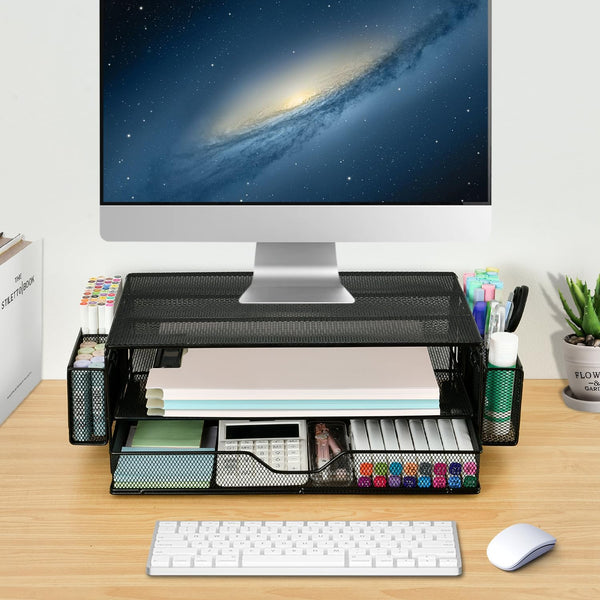 AUPSEN 2 Tier Computer Monitor Stands with Drawer and 2 Pencil Holder, Metal Monitor Stand Monitor Riser, Computer Desk Organizer and Accessories