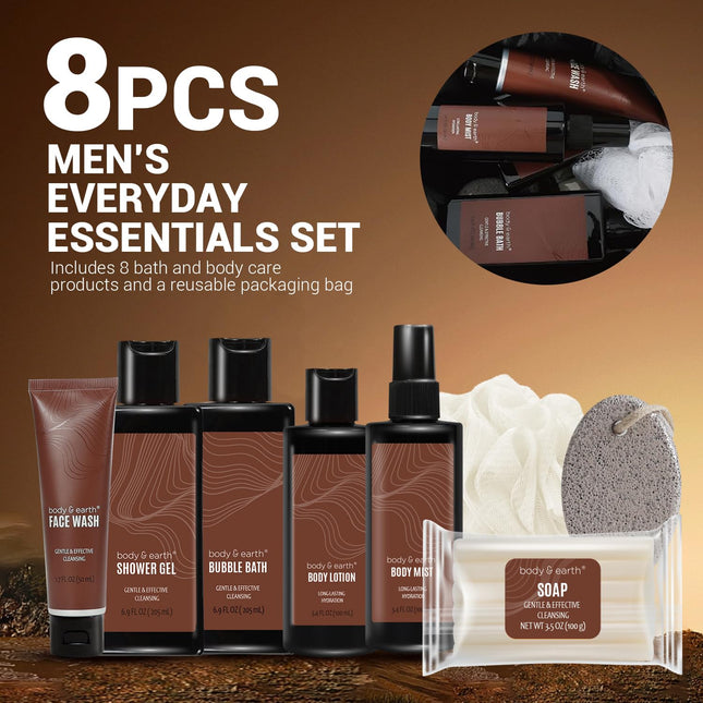 Body & Earth Bath and Body Wash Sets for Men - 8pcs Spa Baskets Mens Birthday Gifts Sandalwood, Self Care Kit, Husband M