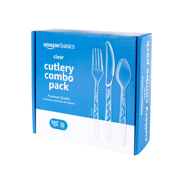 Amazon Basics Disposable Clear Assorted Cutlery Set, Premium Quality, 192 Count, Large Combo Pack Forks, Spoon and Knive