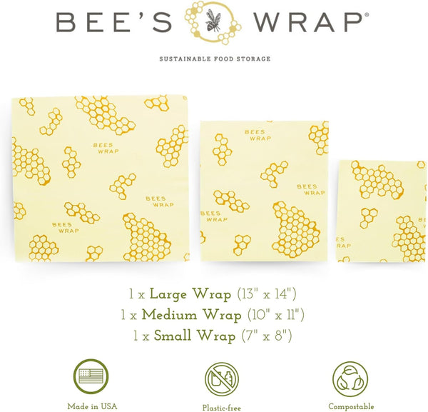 Bee'S Wrap Beeswax Wraps for Food - Honeycomb 3 Pack (S, M, L) Made in USA Reusable & Organic Food Wraps, Sandwich Wrap & Bowl Covers -