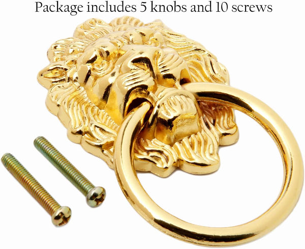 Mgoodoo 5Pcs Drawer Lion Head Pull Handle Knob Dresser Cabinet Pull Ring 1.97X3.54Inch Classical Antique Style Zinc Alloy Handle (Large|Gold)