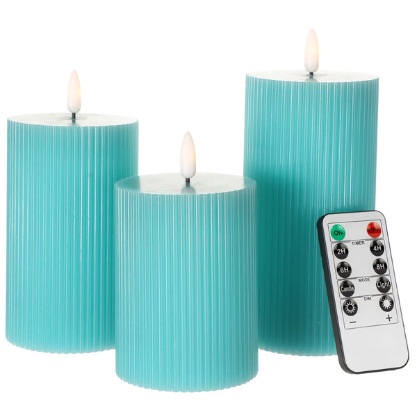 ANGELLOONG Teal Flameless Candles with Remote, Battery Operated LED Candles with Timer, Set of 3, Real Wax Fake Pillar Candles for Bathroom Living