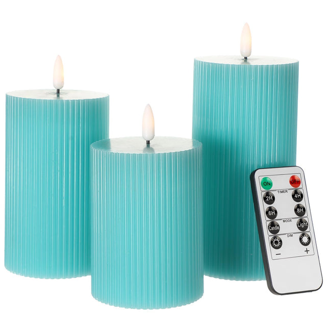 ANGELLOONG Teal Flameless Candles with Remote, Battery Operated LED Candles with Timer, Set of 3, Real Wax Fake Pillar C