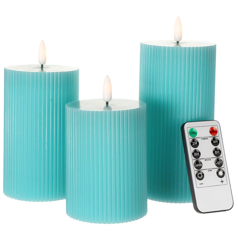 ANGELLOONG Teal Flameless Candles with Remote, Battery Operated LED Candles with Timer, Set of 3, Real Wax Fake Pillar Candles for Bathroom Living