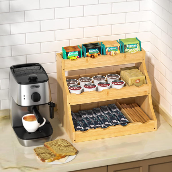 Bamboo Tea Bag Organizer, 3 Tier Vertical Tea Organizer, Tea Holder for Kitchen Island, Coffee Shop or Office, Tea Storage with 12 Adjustable