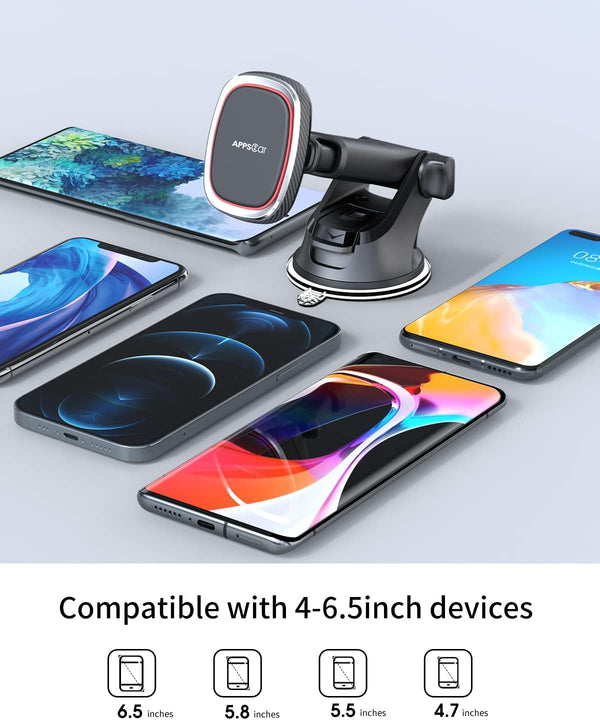 Apps2Car Magnetic Phone Mount, Dashboard Windshield Suction Cup Car Phone Holder Phone Mount with 6 Strong Magnets, Adjustable Telescopic Arm,