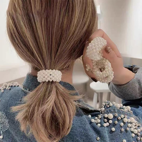 3 Pcs White Pearl Hair Bands for Women Girls, Pearl Bead Elastic Band Hair Elastic Hair Bands Ties for Women Ponytail Holder and Beauty and