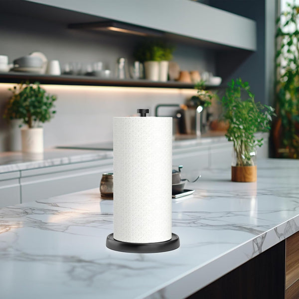 Paper Towel Holder Countertop, One-Handed Tear, Stainless Steel, Weighted Base, Black, Paper Towel Roll Holder Stand with Ratchet Mechanism for