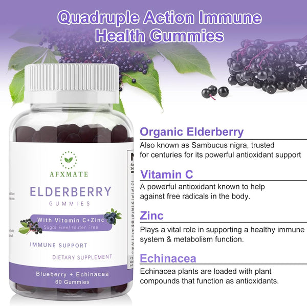 AFXMATE Sambucus Elderberry Gummies, Black Elderberry Gummy with Zinc and Vitamin C for Adults, Sugar Free Kids Multivitamin Gummies Immune