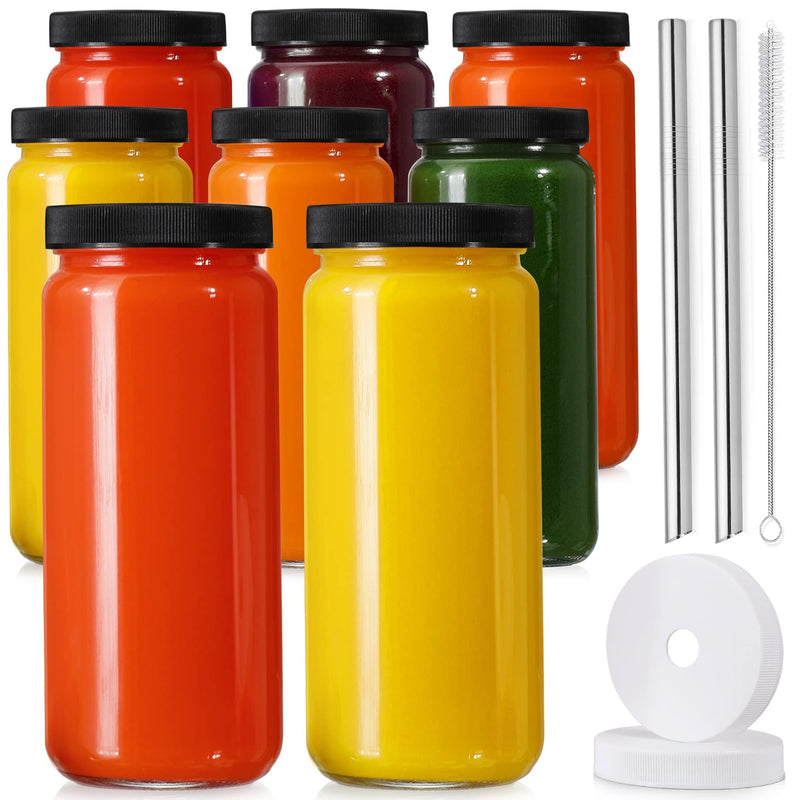 [ 8 Pack ] Glass Juicing Bottles with 2 Straws & 2 Lids W Hole- 16 OZ Travel Drinking Jars, Water Cups with Black Airtight Lids, Reusable Tall