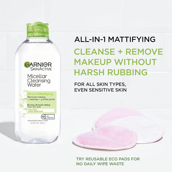 Garnier Micellar Water for Oily Skin, Facial Cleanser & Makeup Remover, Mattifying, for All Skin Types, Vegan, Cruelty Free, 13.5 Fl Oz (400Ml), 1