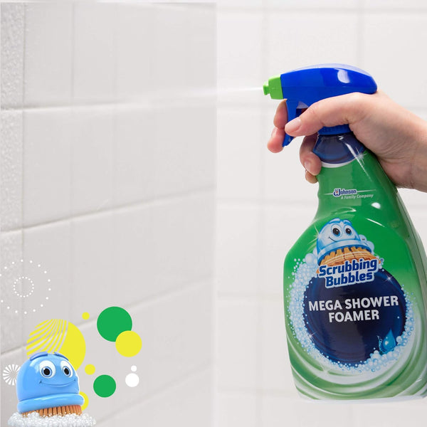 Scrubbing Bubbles Mega Bathroom and Shower Cleaner Spray, Foaming Action Removes Limescale and Soap Scum, Rainshower Scent, 32Oz