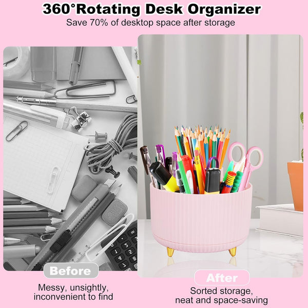 Pink Desk Organizers and Accessories 10Pcs Set with 360-Degree Rotating Pen Holder, Tape Dispenser, Stapler, Staple Remover, 1000 Staples, Tape,