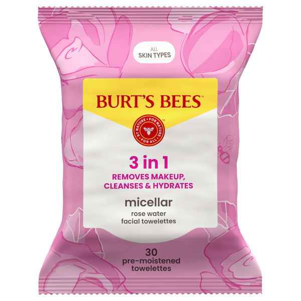 Burt'S Bees, Rose Water Face Wipes, for All Skin Types, Hydrating Micellar Makeup Remover & Facial Cleansing Towelettes, 30 Count (1 Pack)