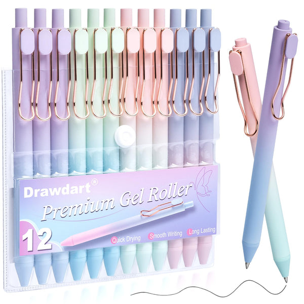 Gel Pens, 12 Pcs Smooth Writing Pens No Bleed & Smear, Black Ink Cute Pens Fine Point (0.5Mm), Retractable Aesthetic Journaling Pens School Office
