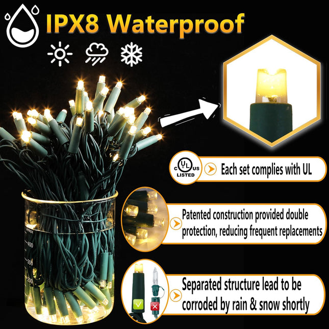 Christmas String Lights 100 Counts, Warm White LED Christmas Lights Indoor & Outdoor, Connectable, Waterproof, Green Wir