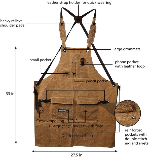 Waxed Canvas Shop Apron for Men & Women.Woodworking Aprons Heavy Duty Work Apron with Pockets. Big Bulk Tool Apron with Adjustable Cross-Back