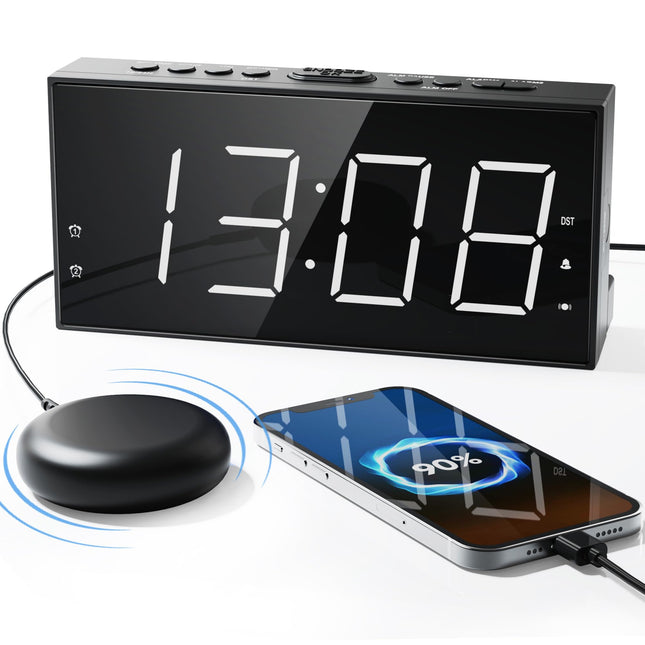 Loud Alarm Clock with Bed Shaker for Heavy Sleeper, Dual Vibrating Alarm Clock with USB Charger for Hearing-Impaired Dea