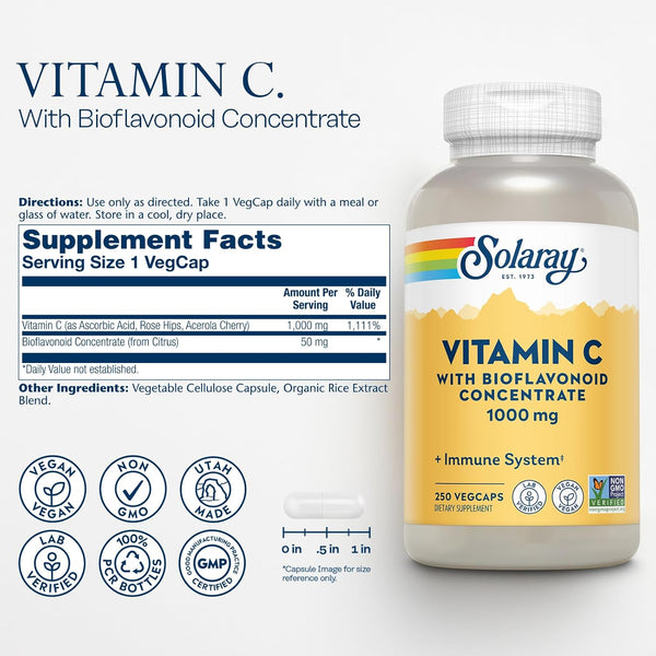 SOLARAY Vitamin C W/Rose HIPS, Acerola & Bioflavonoids, 1000Mg, Supports Immune Function & Healthier Skin, Hair, Nails, Non-Gmo, Vegan, 250 CT