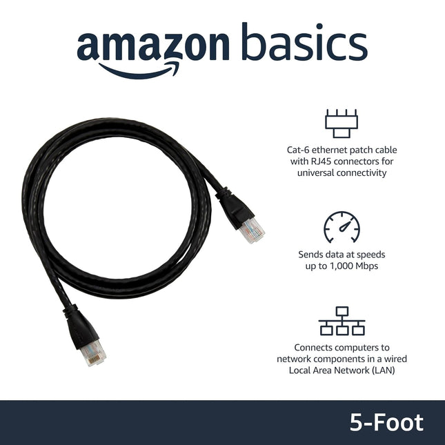 Amazon Basics RJ45 Cat 6 Ethernet Patch Cable, 1Gpbs Transfer Speed, Gold-Plated Connectors, 5 Foot - 10-Pack, Black