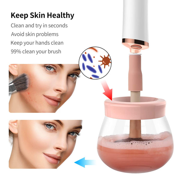 Senbowe Upgraded Makeup Brush Cleaner and Dryer Machine, Electric Cosmetic Automatic Brush Spinner with 8 Size Rubber Collars, Wash and Dry in