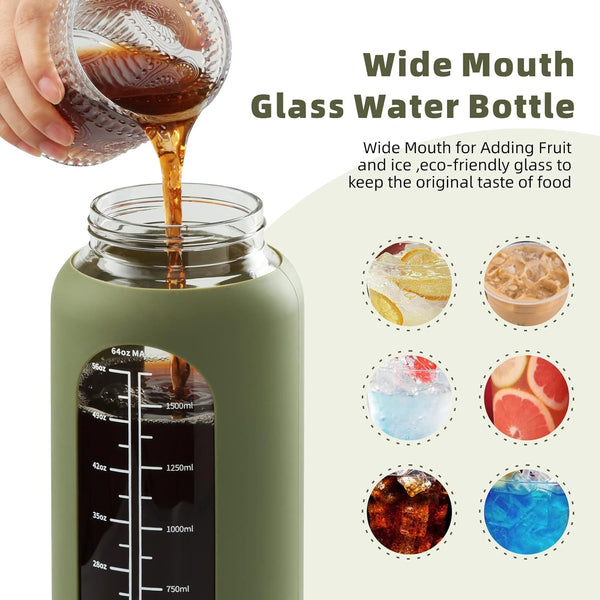 SIEROZUR 64Oz Glass Water Bottle with Straw and Handle Lid Half Gallon Motivational Glass Bottle with Silicone Sleeve and Time Marker Large