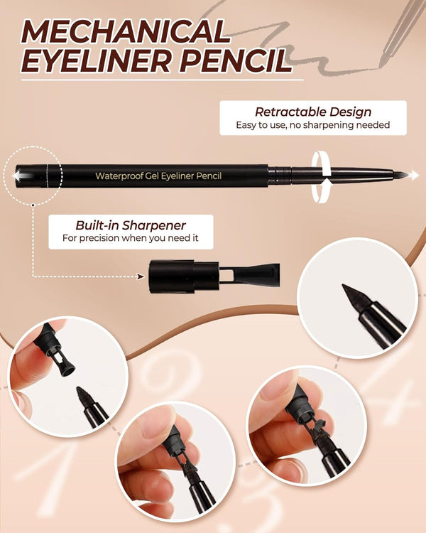 Medium Brown Eyeliner Pencil Retractable Gel Eyeliner Pencil Built in Sharpener Waterproof Smudge Proof Waterline Eye Liner Pencil Smooth Creamy