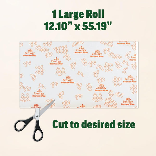 Zenlogy Reusable Beeswax Food Storage Wrap, Eco Friendly Alternative, Sustainable Organic Cut to Size Cotton Beeswax Wraps, 1 Roll, 13In X 55In