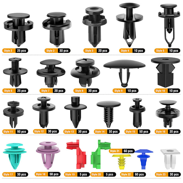 GOOACC 725Pcs Car Push Retainer Clips & Auto Fasteners Assortment -23 Most Popular Sizes Nylon Bumper Fender Rivets with 10 Cable Ties and