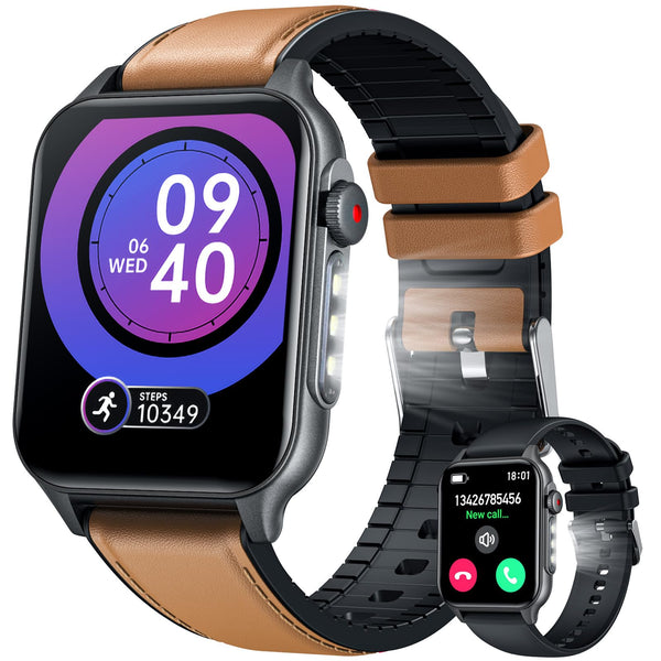 Smart Watch for Men Fitness Tracker: 1.96" Military Smartwatches with Bluetooth Call Three Lights Flashlight Watch Compatible Android Ios Phone