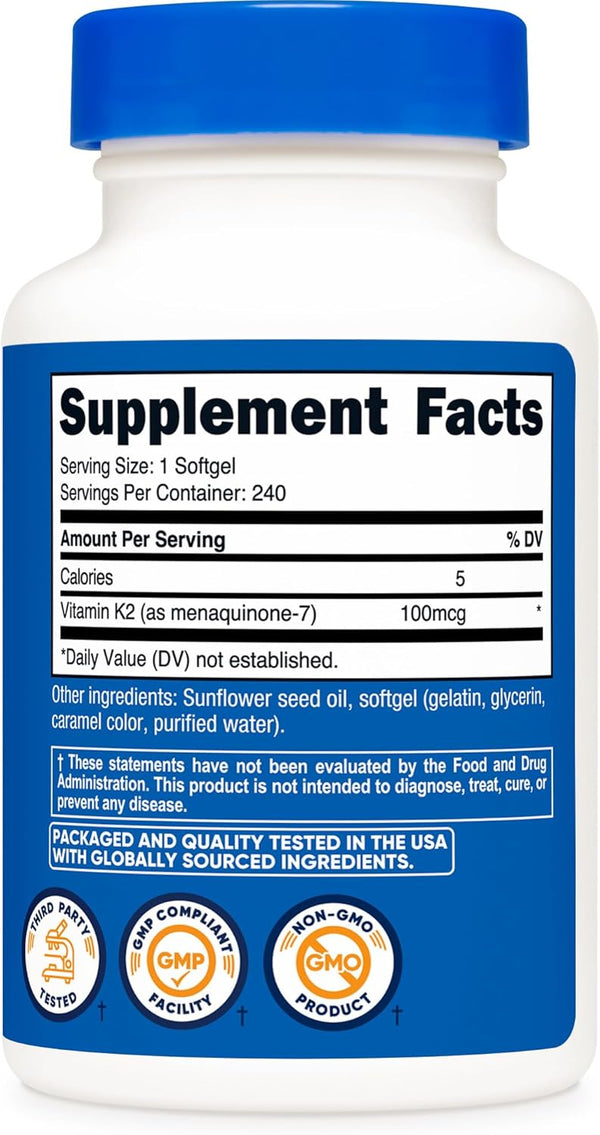 Nutricost Vitamin K2 MK-7 100 Mcg, 240 Softgels - Gluten Free and Non-Gmo MK7