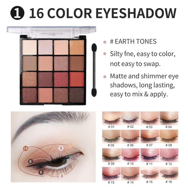 All in One Makeup Kit for Girls - 16 Colors Naked Eyeshadow Palette, 3Pcs Makeup Brushes, Waterproof Eyeliner Pencil, Eyebrow Powder,Eyebrow