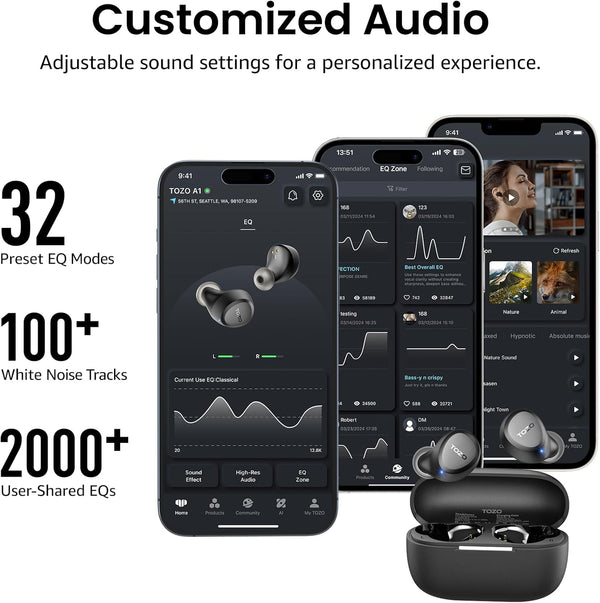 TOZO A1 Wireless Earbuds Bluetooth 5.3 Light Weight in Ear IPX5 Waterproof Headphones 2 Mic for AI Calls, Immersive Premium Sound Bass Headset