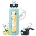 Kodrine 32 Oz Glass Water Bottle with Straw and Carry Loop, One-Touch Leakproof Locking Lid, Reusable Drinking Bottle with Time Marker for Travel