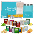 Tea Gifts for Women â Sampler Gift Basket with 15 Unique Blends, Honey Sticks, Stainless Tumbler & Gift-Ready Box (Mom Card-Teal)