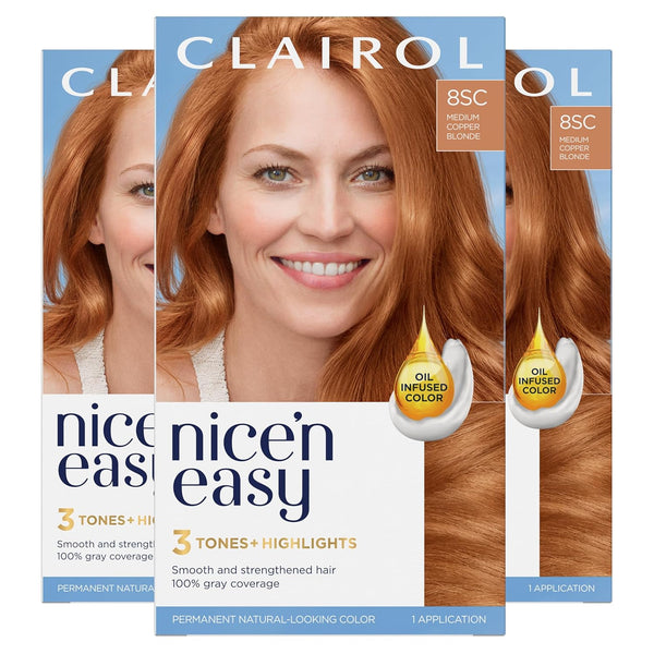 Clairol Nice'N Easy Permanent Hair Dye, 8SC Medium Copper Blonde Hair Color, Pack of 3