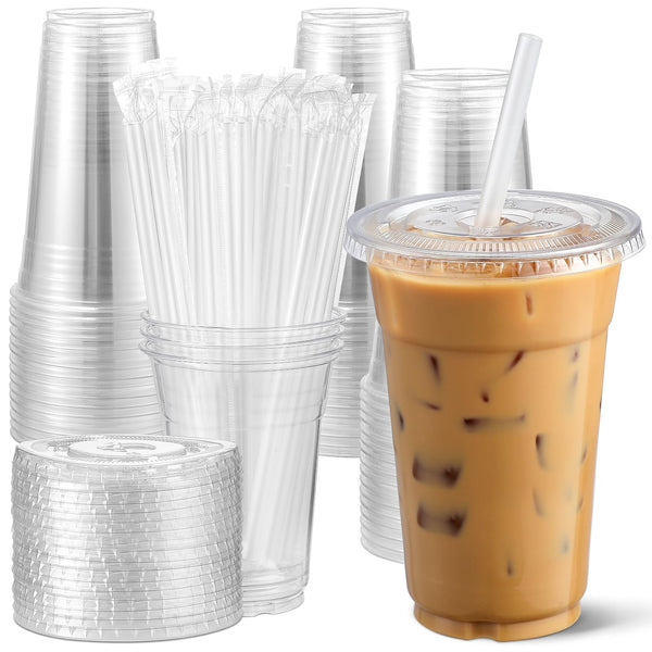 AOZITA [100 Sets 12 oz Clear Plastic Cups With Lids and Straws, Disposable Cups With Lids for Iced Coffee, Smoothie, Milkshake and Cold Drinks. 12 Oz.