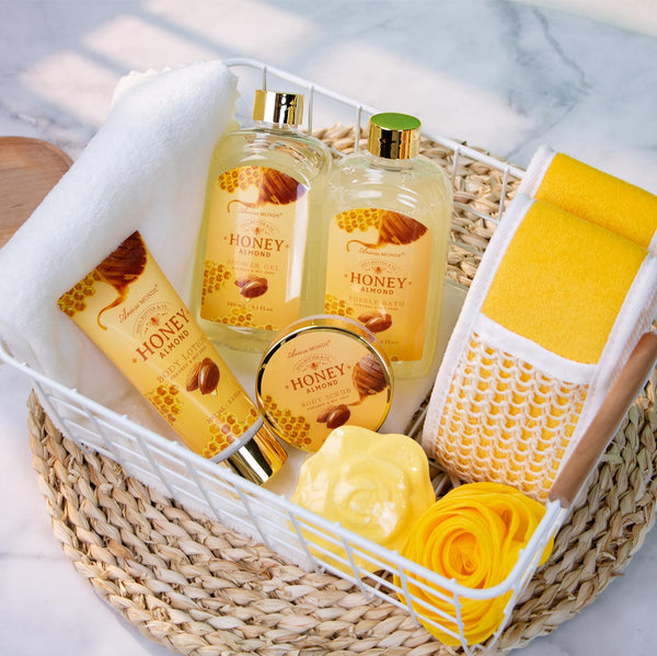 Gift Baskets , Spa Gifts for Women, 8Pcs Honey Almond Bath Gift Set for Women, Relaxation Self Care Spa Kit W/Bath Bomb, Bubble Bath, Mom Birthday