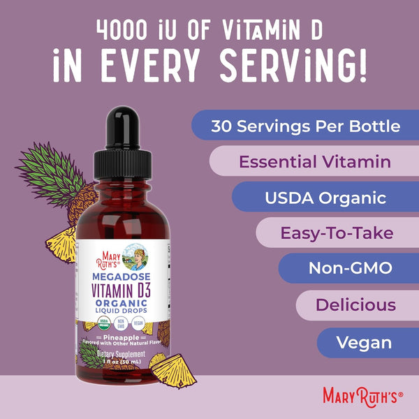 Maryruth Organics Vitamin D3 Liquid Drops | Megadose 4000 IU | USDA Organic Liquid Vitamin D Spray for Adults & Kids | Immune Support & Bone
