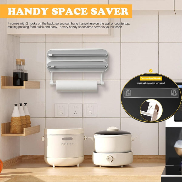 Magnetic Plastic Wrap Dispenser with Cutter - Refillable Aluminum Tin Foil and Plastic Wrap Organizer for Kitchen, Quasziwa Upgraded 3 in 1 Paper