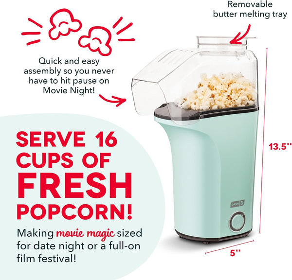 DASH Fresh Pop Popcorn Maker - Oil-Free, Air Popcorn Popper - With Measuring Cup & Recipe Guide - Perfect for Movie Nights - 16 Cups, Aqua Aqua 16